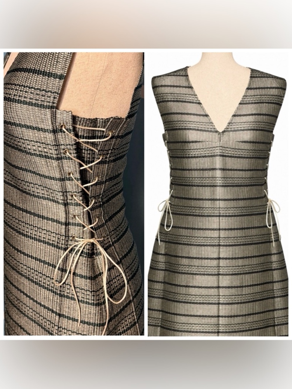Vintage green striped lace up v-neck mini dress. 6